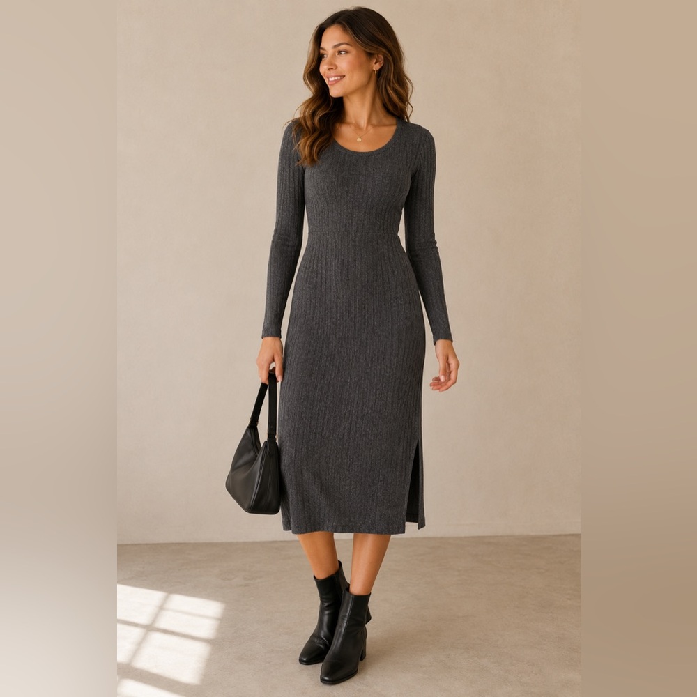 CAbi Charcoal Gray Ribbed Knit Midi Dress Long Sleeve - Size Large